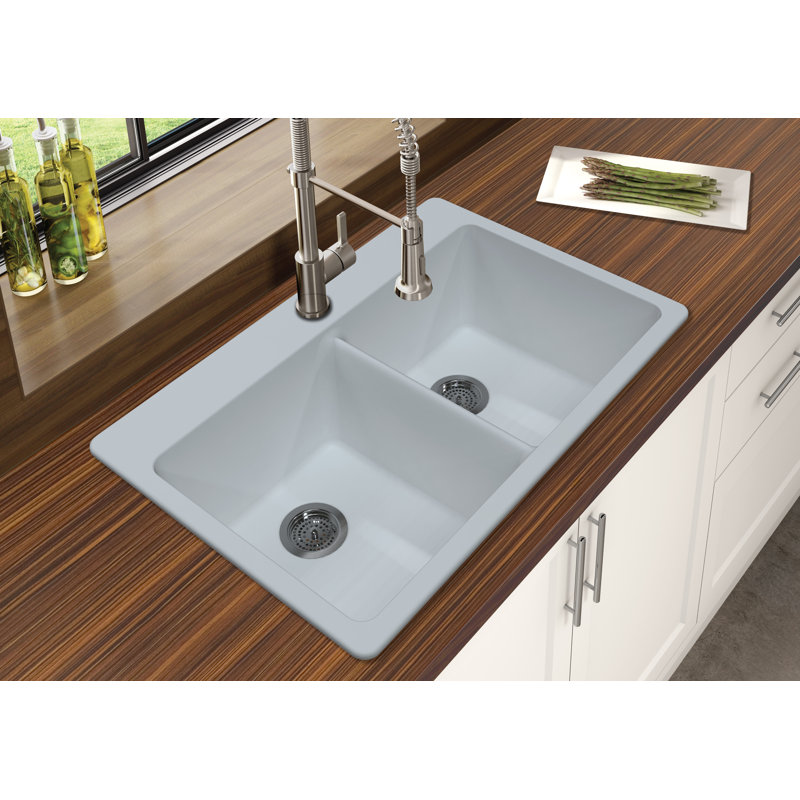 Évier de cuisine à double cuve en granite L 33 po x l 22 po, blanc