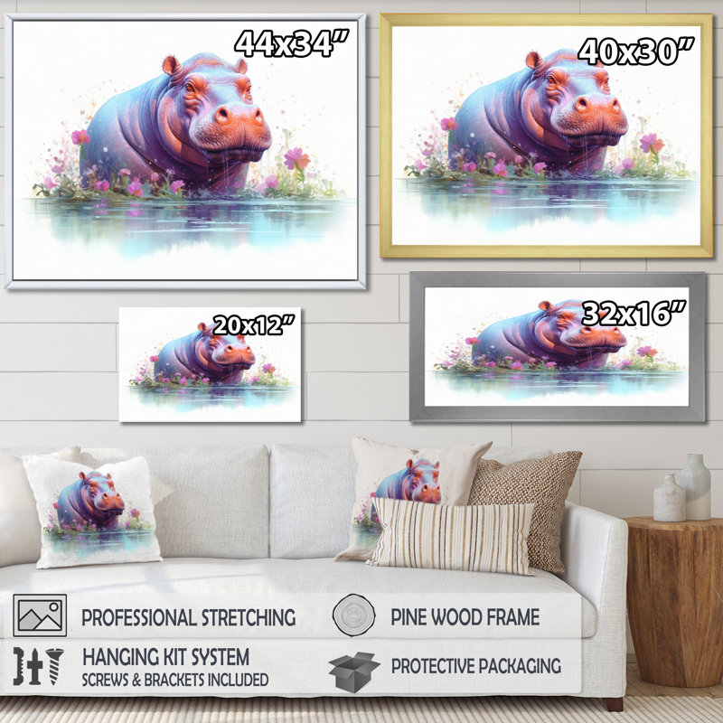 Hippopotame animé sur toile, H 30 po x l 40 po x P 1,5 po, Cadre doré à une seule photo