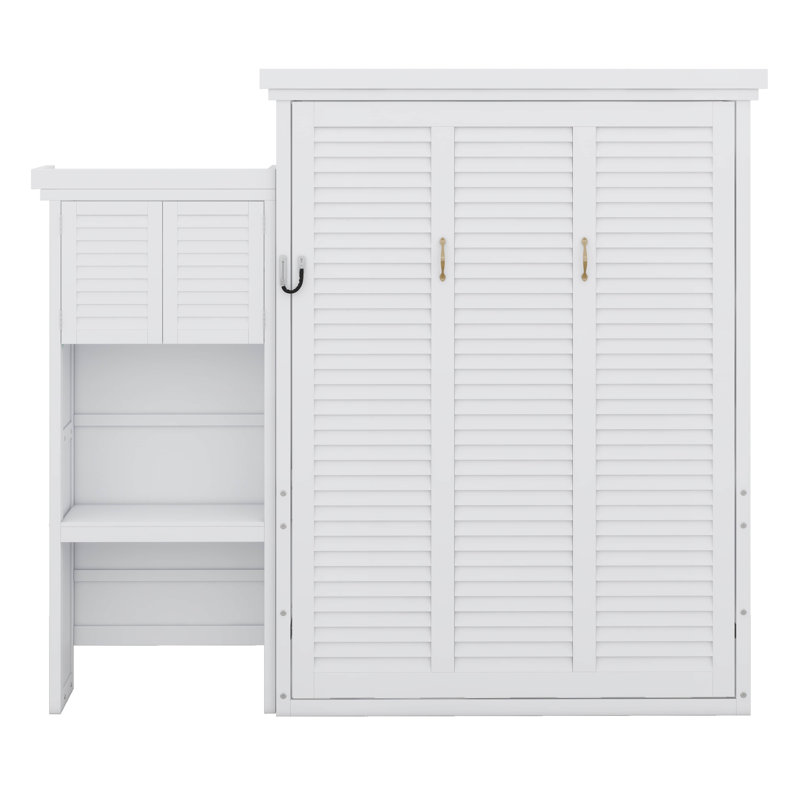 Grand lit escamotable en bois avec tablettes, conception classique à persiennes, Blanc