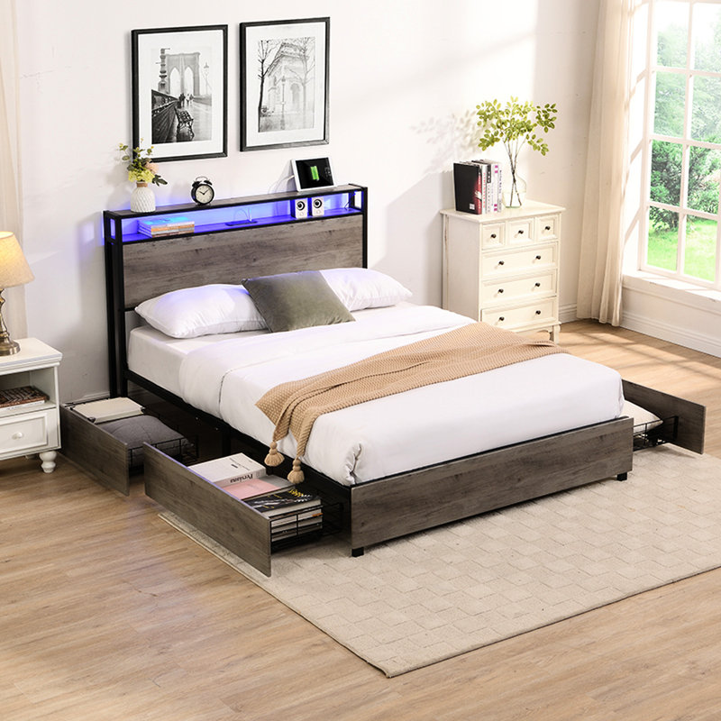 Cadre de grand lit en métal avec rangement pratique - tête de lit, tiroirs, tête de lit gris antique et structure en bois, station de charge, lumières à DEL, étable,