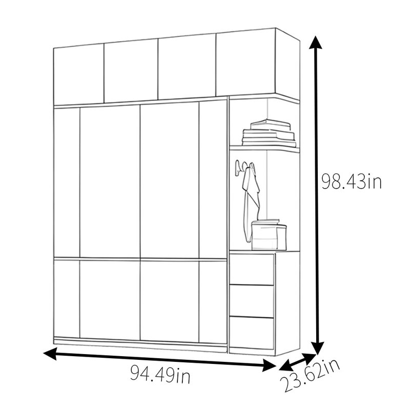 Garde-robe simple à pousser et tirer rétro, H 98,43 po x l 94,49 po x P 23,62 po