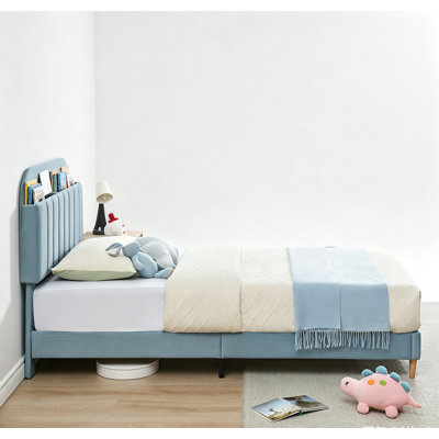 Twin/Twin XL Bed Frame with Storage Headboard Velvet Upholstered Platform Bedframe for Kids No Box Spring Needed