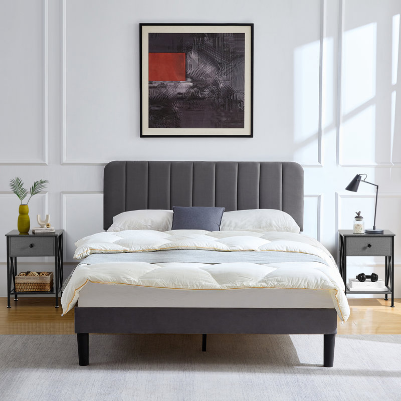 Pokorny 3 Piece Bedroom Set, Velvet Upholstered Platform Bed Frame with Adjustable Headboard and 2 Nightstands, Modern Queen Size Bedroom Furniture Set with Wood Slats, No Box Spring Required, Easy Assembly