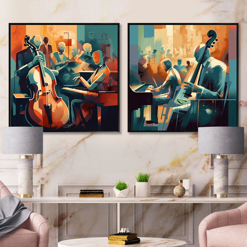 Musical Performance At Club - Music Square Collage Set Of 2, Black Floater Framed, 36" H x 73" W