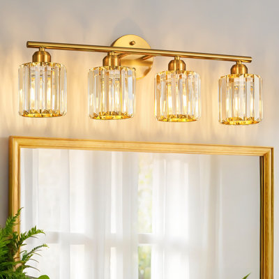 Modern Brushed Gold 4-Light Crystal Vanity Light Vertical Bathroom Light Fixture Over Mirror for Dressing Table Sink, Compatible with Dimmable Bulbs (Bulbs Not Included)