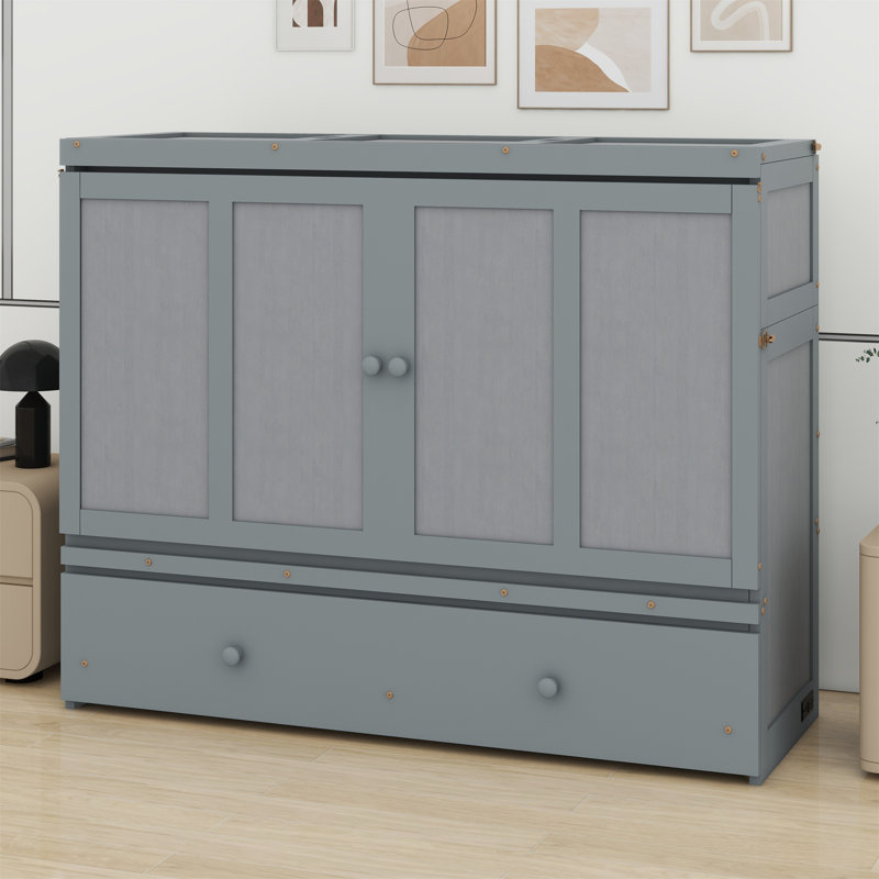 Lit escamotable avec port USB et grand tiroir, Gris, Grand