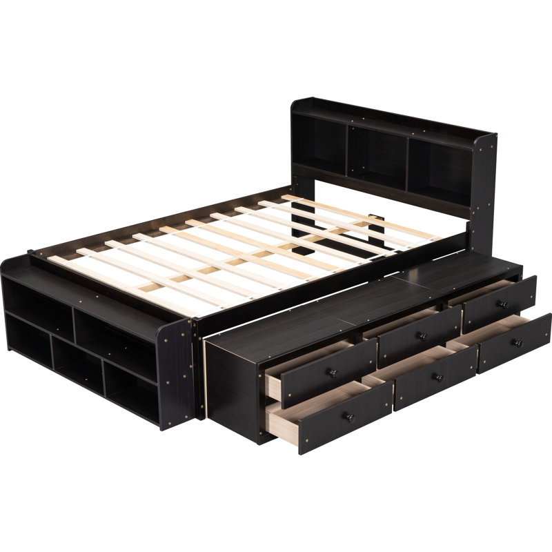 Lit double coloré avec rangement inférieur et plateforme solide dans l'écurie de chevet, Espresso