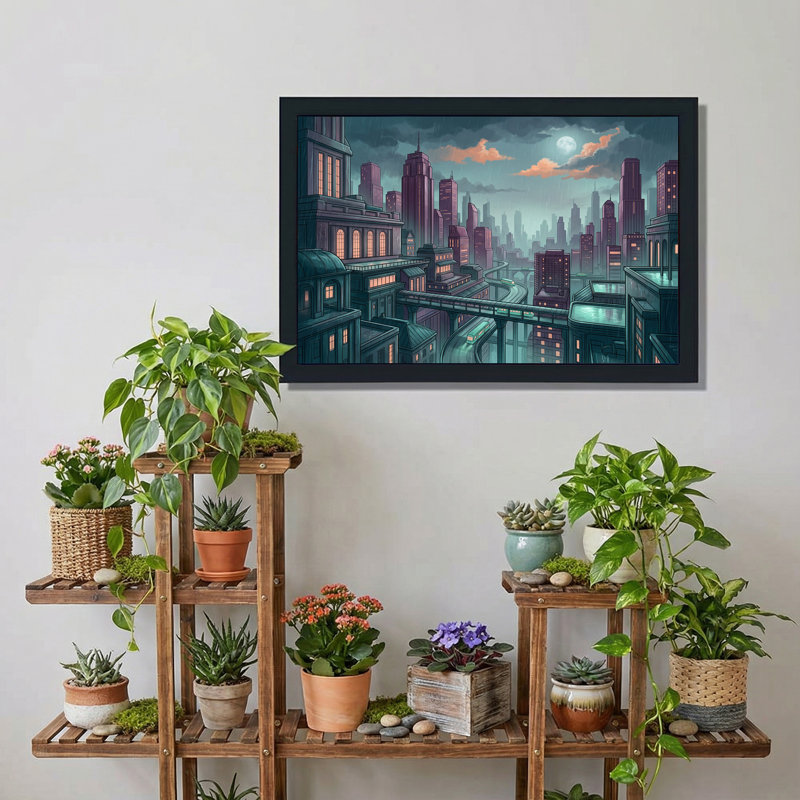 «Rainy Night City Skyline with Moon and Trains», art mural sur toile, 20"H x 30"W