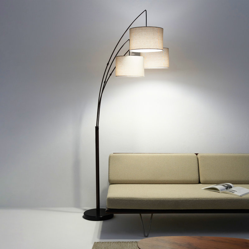Trilage 84" Modern LED Floor Lamp with 3 Adjustable Arms, Tan Fabric Drum Shade, Bronze Finish and Black Marble Base, Bulbs Included
