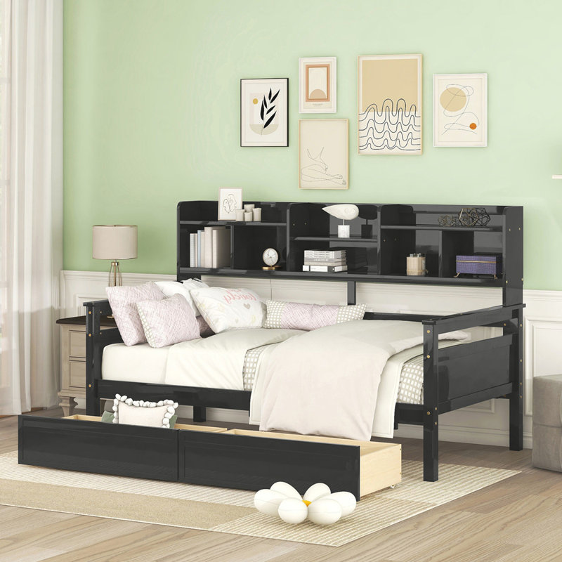 Lit de jour simple, support en lattes de bois, avec tablettes de chevet et deux tiroirs, Lit simple, Espresso
