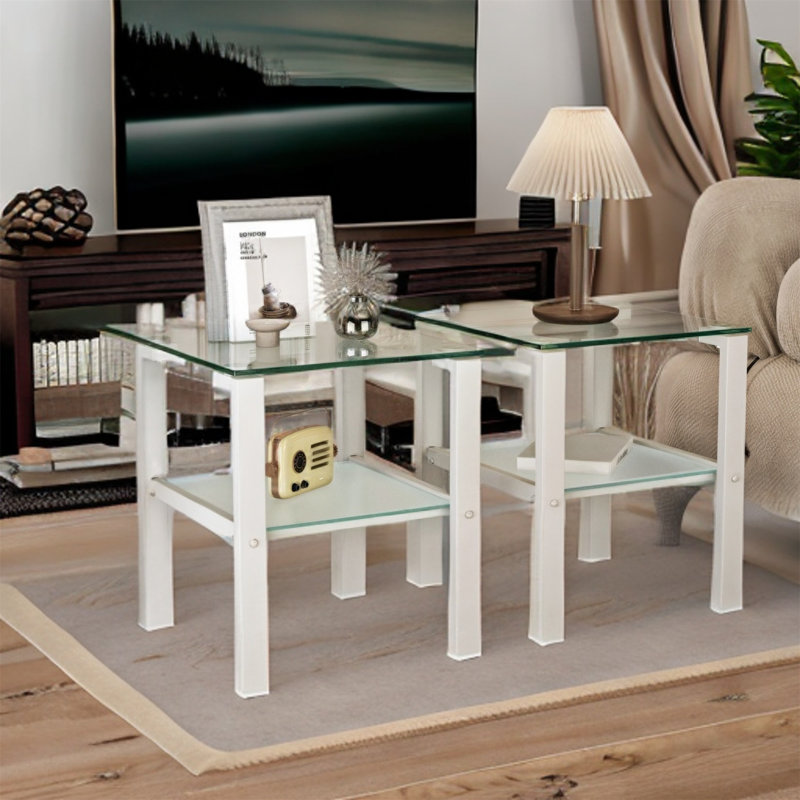 Dunkum Glass Top End Table Set, White