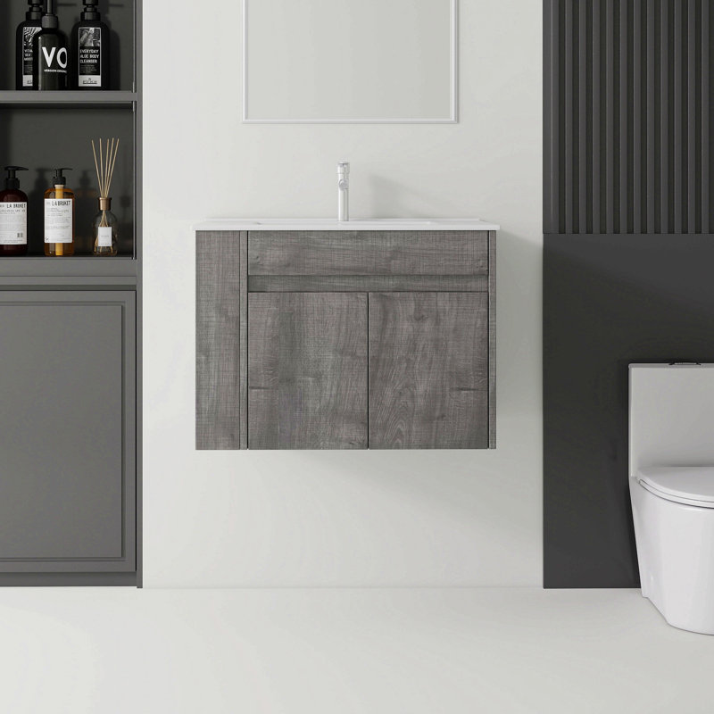Meuble-lavabo flottant 30 po avec lavabo, porte à fermeture en douceur, lavabo en céramique, contreplaqué, Gris, L 30 po