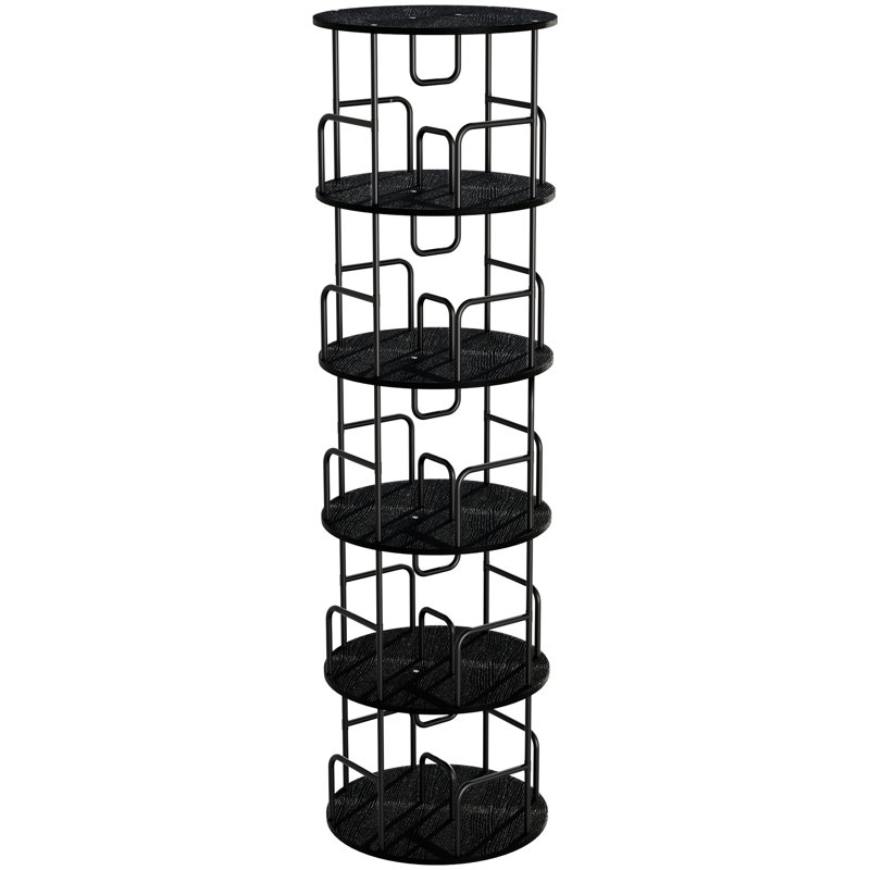 360 Rotating 5 Tier Bookshelf, Space - Saving Display For Bedroom, Black Finish Bookcase With Smooth Turntable, Functional Color