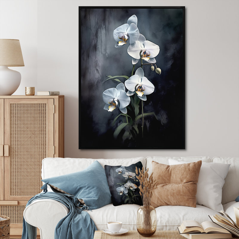 " White Black Exotic Orchids I ", 32" H x 16" W x 1" D, Black Floater Frame