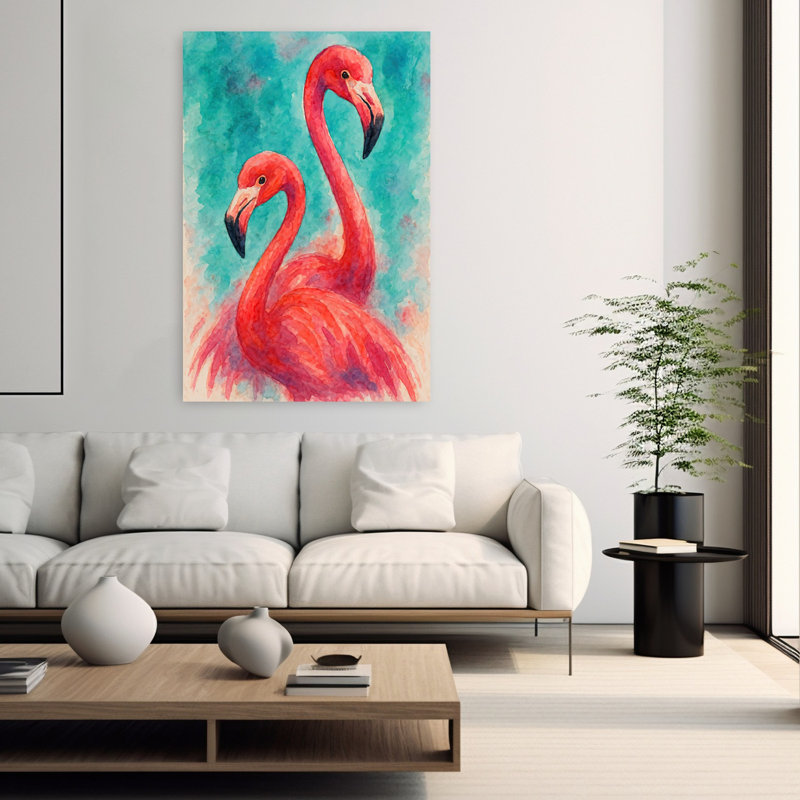 Deux flamants roses aux couleurs vives tropicales, H 60 po x l 40 po