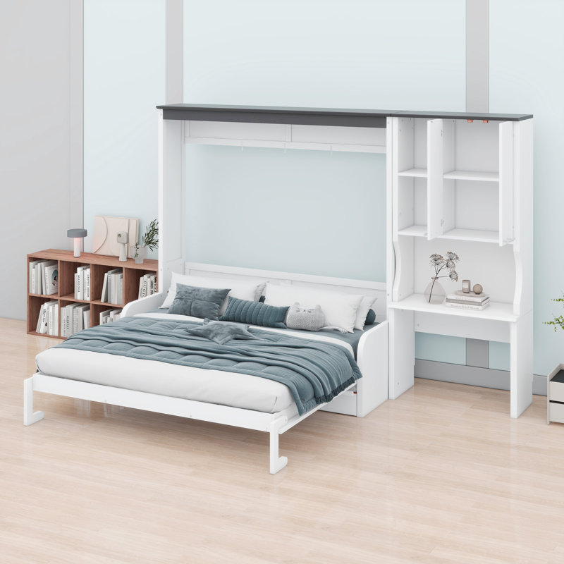 Lit escamotable multifonctionnel avec canapé intégré, bureau de travail et armoire de rangement