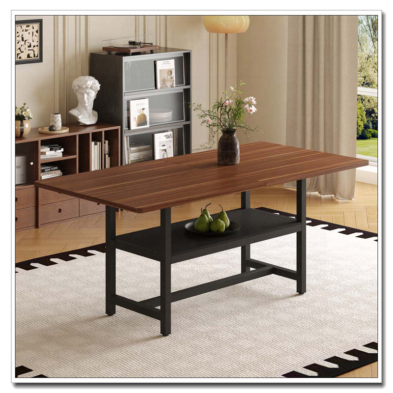 71"Long Dining Table With Shelf Storage, Walnut