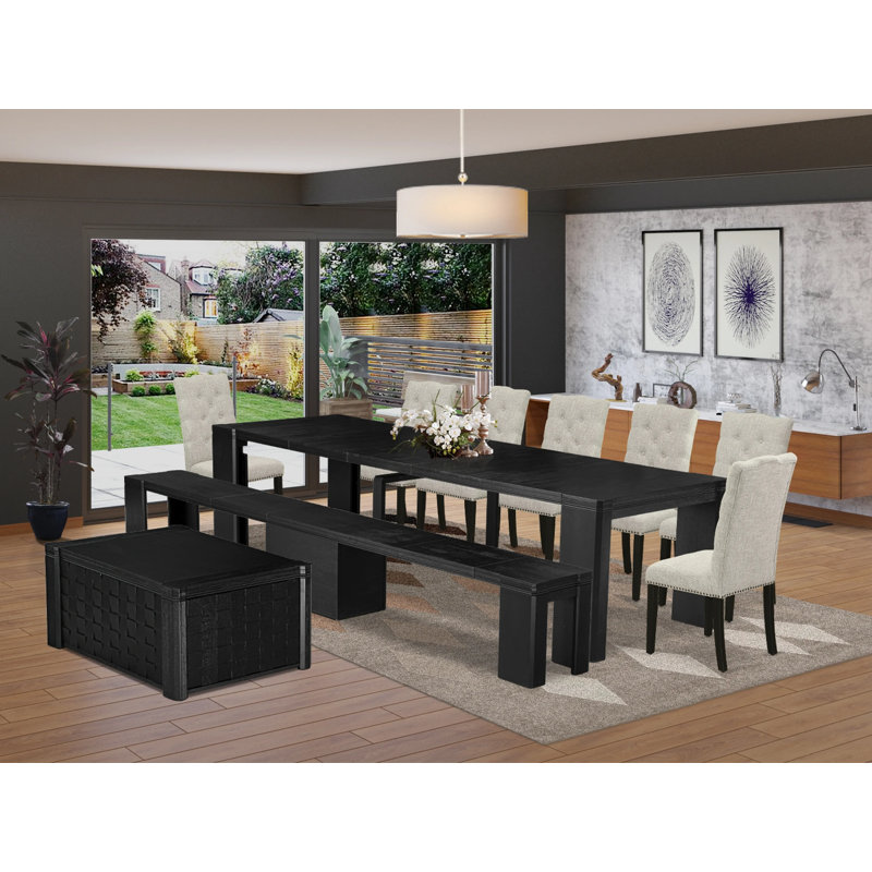 10-Pc Kitchen Table Set a Rectangular Kitchen Table with a coffee Table wooden Bench & 7 Doeskin Linen Fabric Dining Chair, Wire Brushed Black
