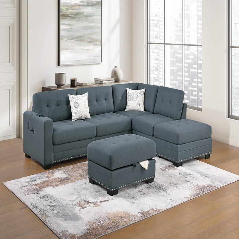 Ensemble de salon modulaire en forme de L avec repose-pieds, ensemble de 3 pièces en tissu capitonné capitonné, coussins cloutés
