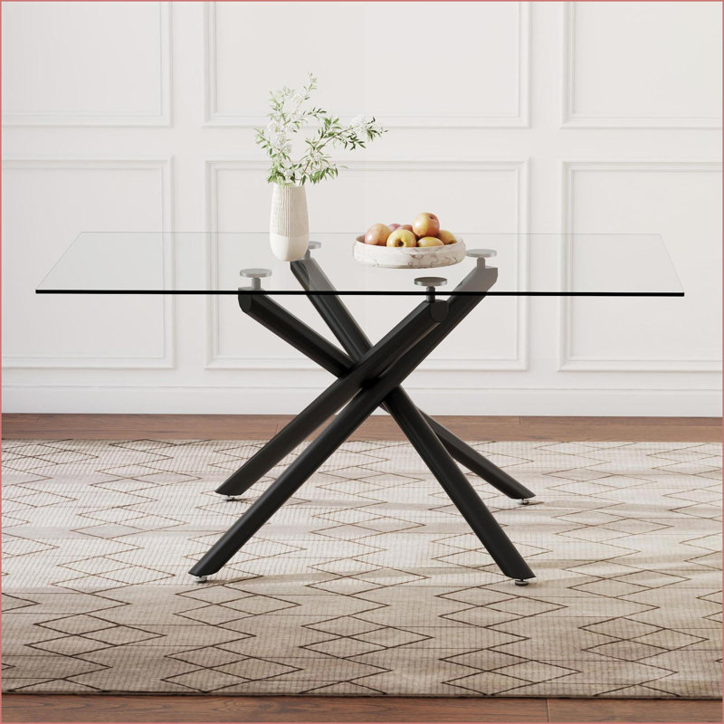 Tables de salle à manger | Mesa de Comedor, industriel moderne de 6 à 8 places, verre trempé, pieds en métal noir, pour la cuisine | Verre