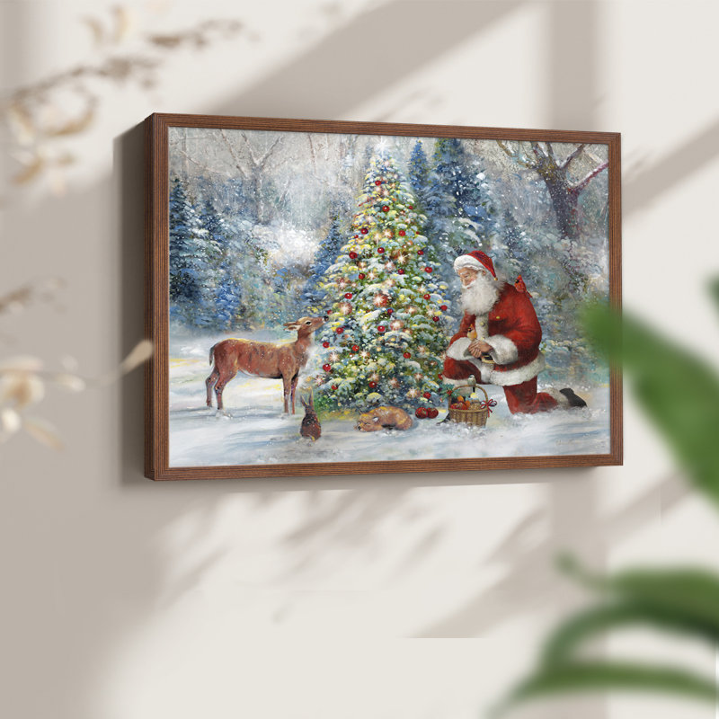 Santa's Gathering - Reproduction encadrée - Restickable, H 22 po x l 28 po, Noyer