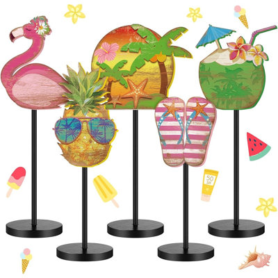 Ensemble de 5 pièces de table de plage d'été, flamants tropicaux, ananas et centres de table en bois de noix de coco pour plateau à plusieurs niveaux, manteau de cheminée, tablette et décoration de maison de campagne