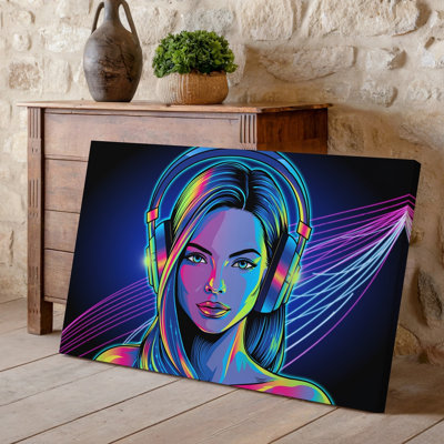 Canvas Create A Vibrant Digital Illustration Of A Stylized Figure Wearing Wall Art Oversized Headphones Set Against A Dark Background Canvas Wall Art