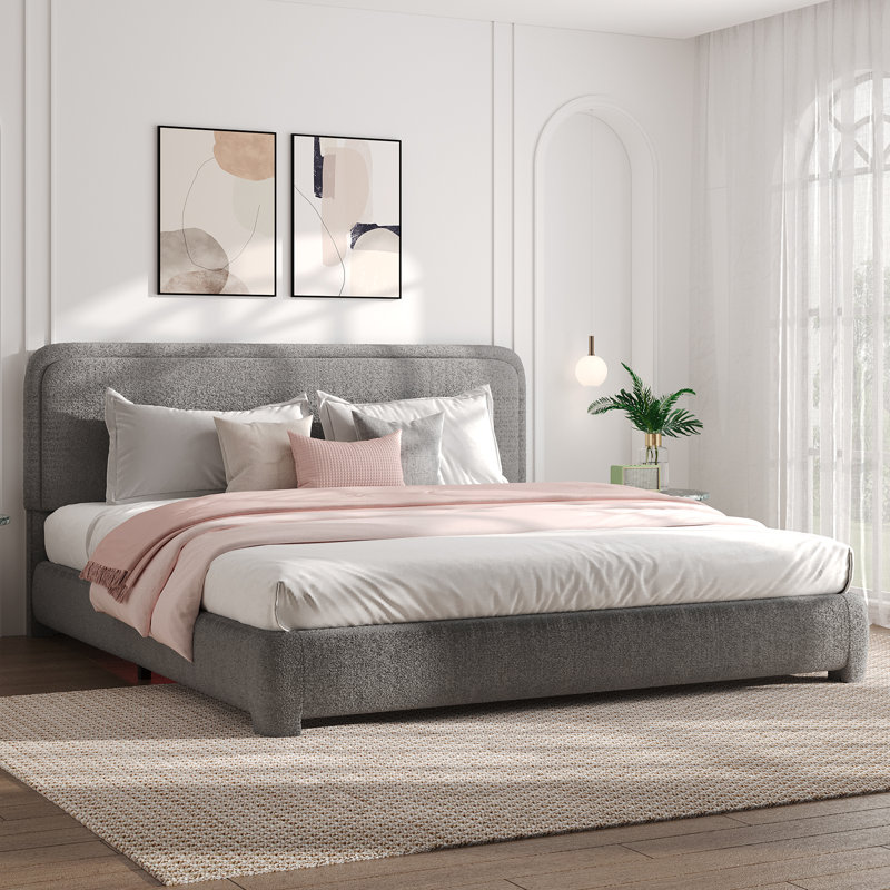 Lit plateforme tapissier Bensu Boucle, Très grand lit, Gris clair