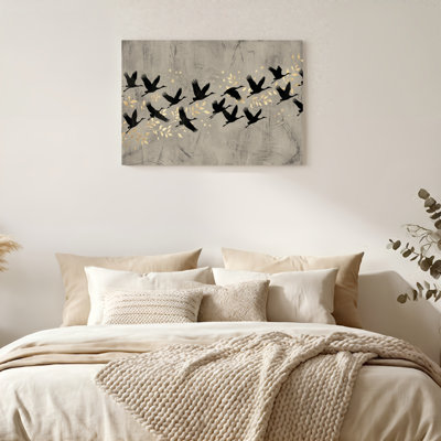 Art mural encadré d'aspect chêne naturel pour salon, chambre à coucher, bureau ou vestibule - décoration murale décorative avec oiseaux volants