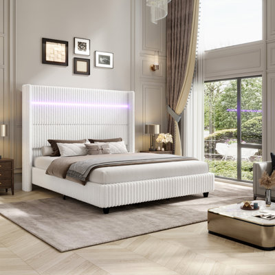 Shontice Queen White 60" Tall Faux-Fur Wingback Bed with LED Lights and USB Charging