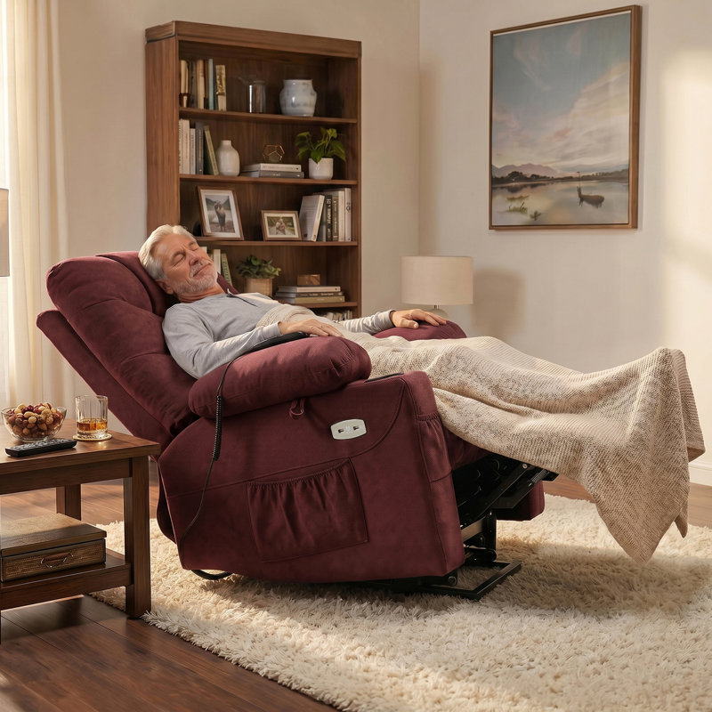 Roder Power Recliner Lift Chair with Extended Footrest, Fabric Upholstered, Wine Red Cotton Blend