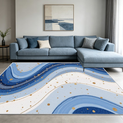 Tapis 1PC Blue Gold Waves, élégant tapis décoratif polyvalent, facile à nettoyer et à entretenir, pièce de mobilier idéale pour la chambre à coucher, le salon, le couloir, le vestibule, le dortoir et le bureau afin de rafraîchir l'ambiance intérieure de votre maison