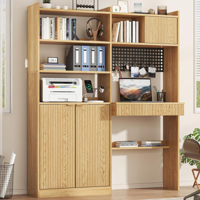 5-Shelf Bookshelf with Desk Combo – Sliding-Door Cabinet, Pegboard & Drawer, Fluted Design with Charging Station, 66 lb Capacity