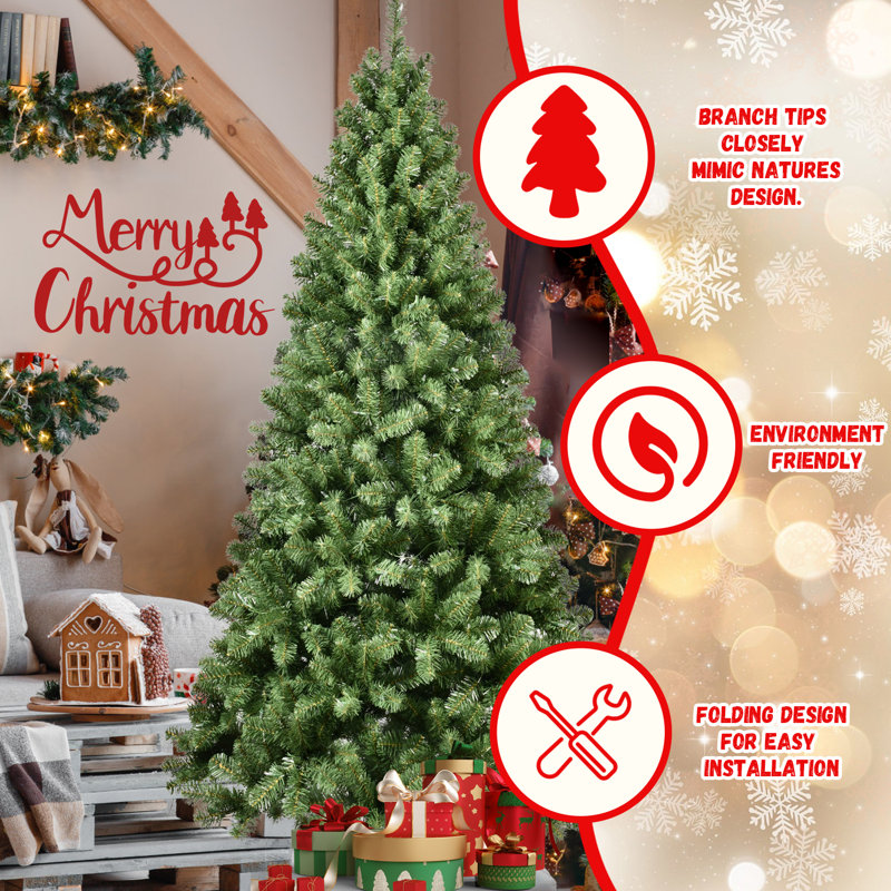Arbre de Noël 7 pi en PVC pré-éclairé avec 400 lumières UL, 1072 pointes, support en métal dépliable et stable, H 7 pi, Vert