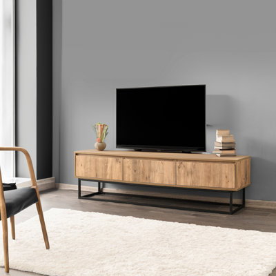 Modern TV Stand with Metal Legs, Black & Pine, 70.9 x 19.7 x 15.7 inches | 100% Melamine Coated Particle Board, Thickness: 0.7 inches | 3 Drawers & Numerous Shelves, Wall-Mountable, Stylish Industrial Design