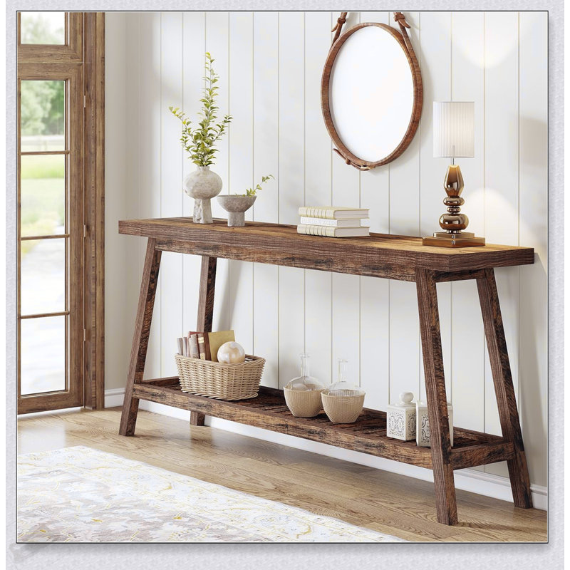 Console de style campagnard extra long de 70,9 pouces, table d'entrée en bois massif avec rangement ouvert à 2 niveaux, canapé rustique étroit pour le couloir et le salon