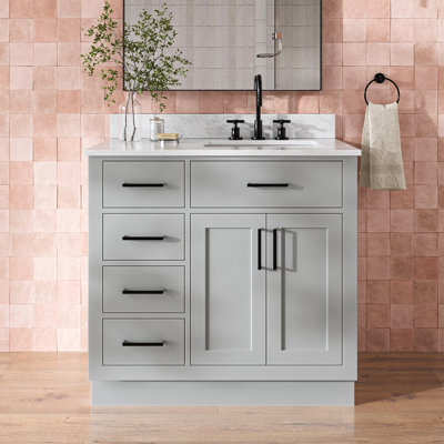 Meuble-lavabo simple Jameal de 36 po en bois massif avec comptoir en marbre de Carrare de 0,75 po et lavabo ovale dÃ©calÃ© Ã  droite