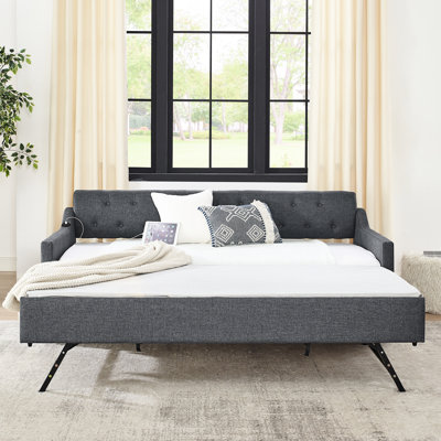 Twin Size Upholstered Daybed Featuring Button Back, Waved Arms, Trundle For Sleepover, Charging On Armrest, 300lbs Load, Grey Linen And Foam, 6 - Inch Mattress, 13 Slats, Assembly Required With Back