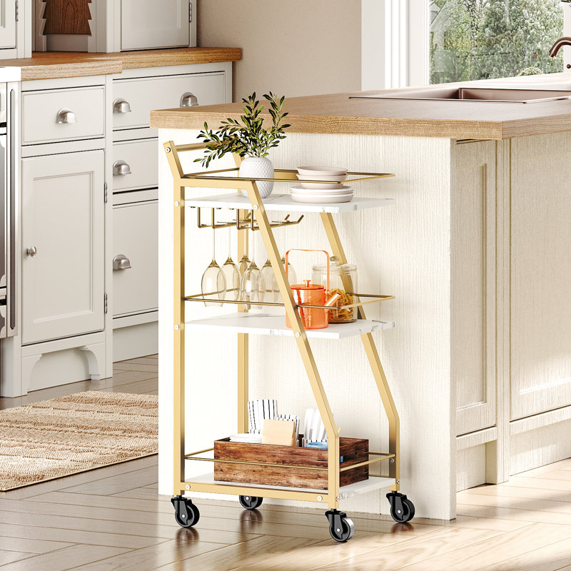 Small Metal Frame Bar Cart Home Rolling Bar Serving Cart with Glass Holder, Marble White, Gold