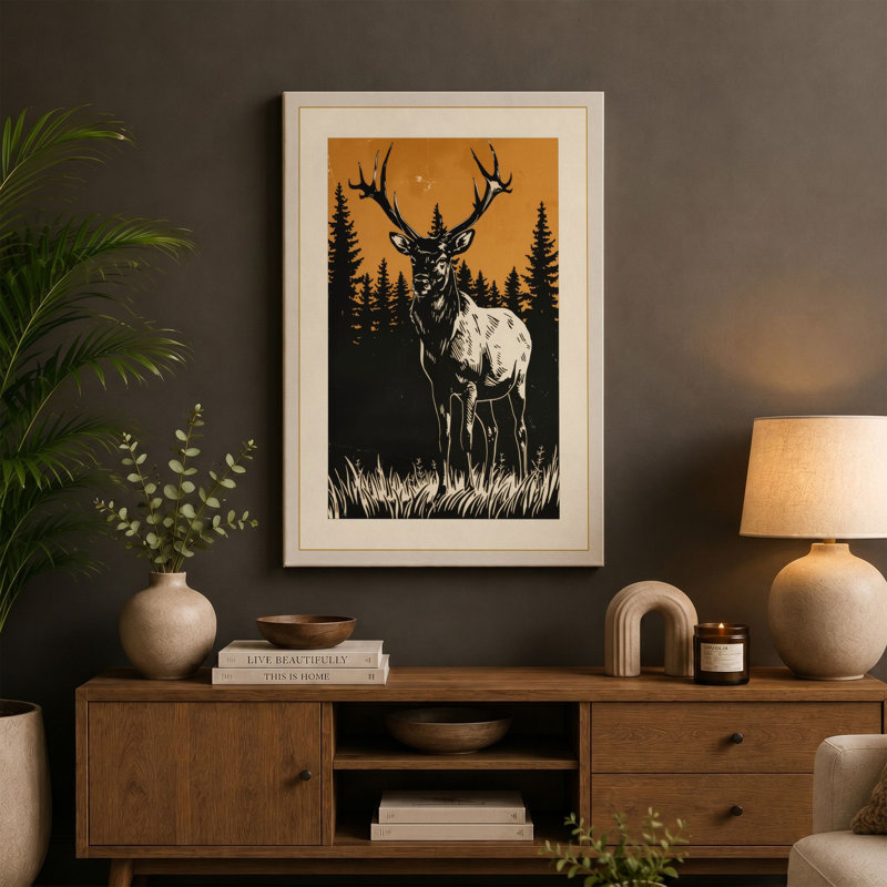 Deer in Silhouette Rustic - Wrapped Canvas, 30x20 - 76.2 x 50.8 cm, Terracotta Border