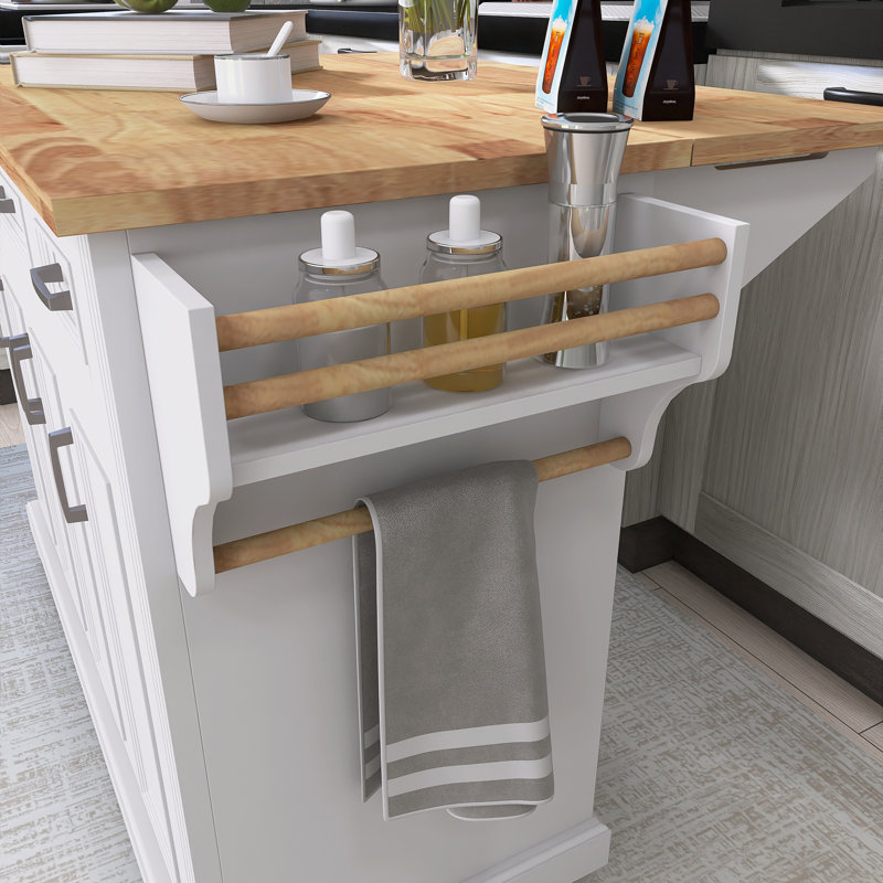 Chariot de cuisine en bois d'hévéa de 54 po avec support à épices et porte-serviettes, Blanc