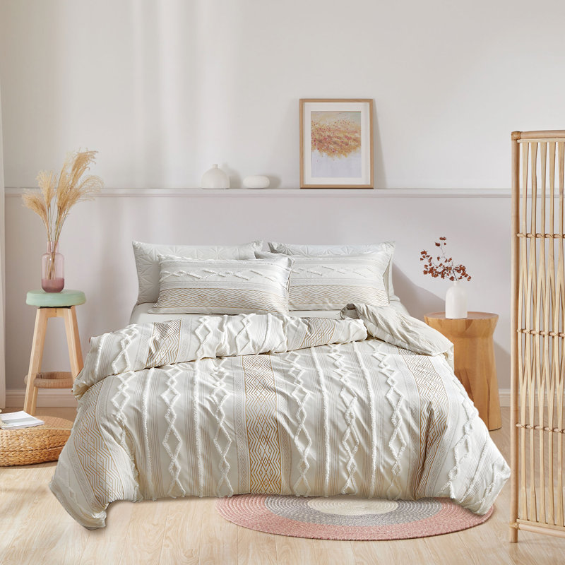 3-Piece Microfiber Tufted Chenille Duvet Cover Set, Full Duvet Cover + 2 Standard Pillowcases, Beige