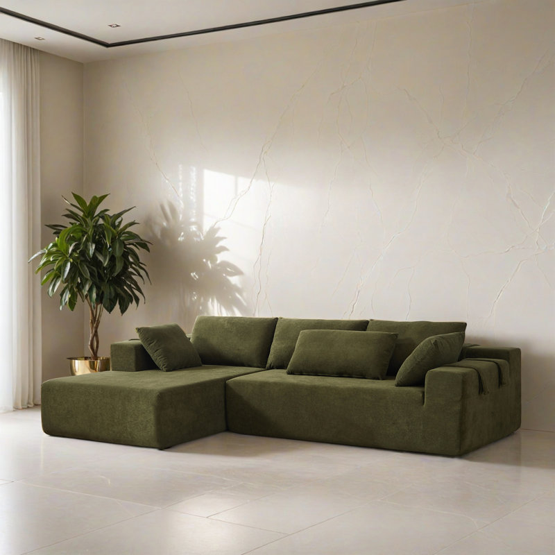 108" Wide Left Hand Facing Sofa & Chaise, Green Chenille