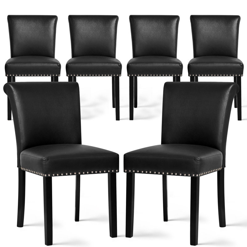 Momordique Nailed Trim Faux Leather Waterproof Upholstered Parsons Dining Chairs, Black/Black, 6
