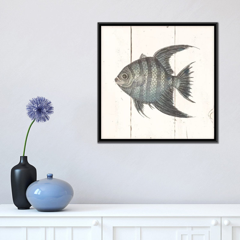 « fish sketches ii shiplap », impression sur toile, H 18 po x l 18 po x P 1,5 po, Toile avec cadre noir, Pas de tapis