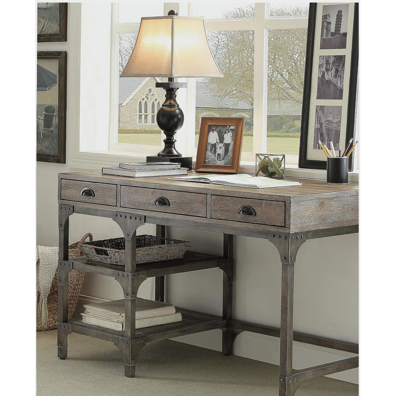 Bureau à 3 tiroirs en chêne vieilli et argent antique