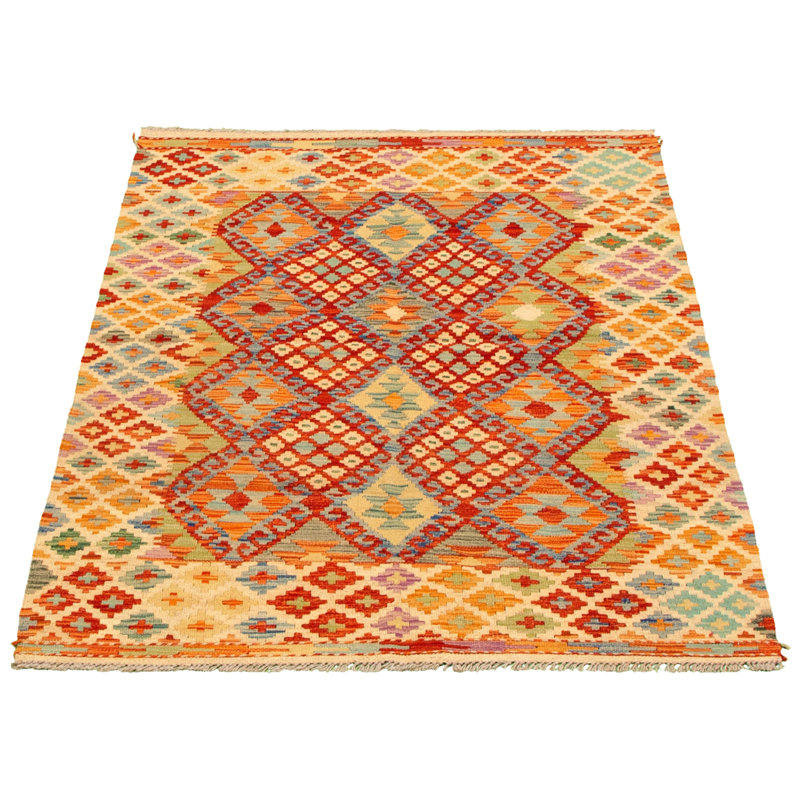 Tapis décoratif en laine de conception unique 4 pi 2 po x 5 pi 10 po noué à la main New Age Ivoire/rouge
