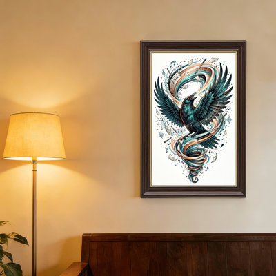Art mural antique sur toile encadré doré pour le salon, la chambre à coucher, le bureau ou le vestibule - Décoration murale décorative avec oiseau mythique