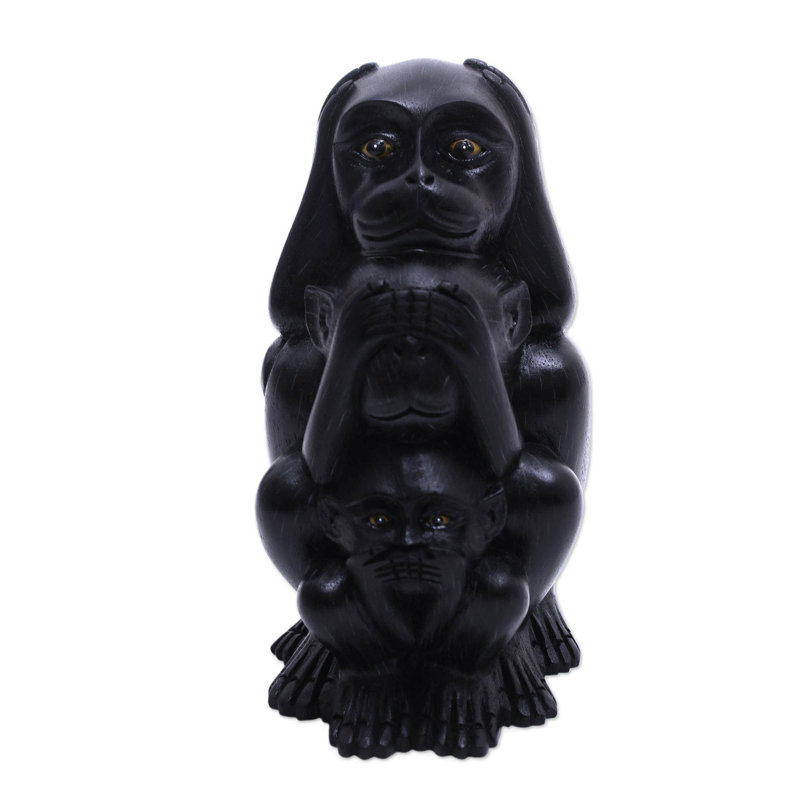 Three Monkey Sages In Black Wood Statuette