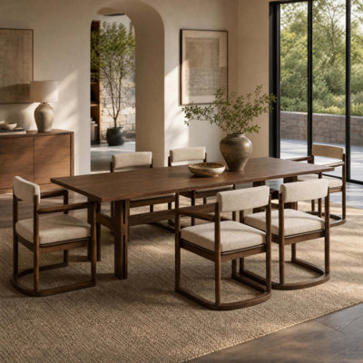 7‑Piece Dining Table Set, 71" Rectangular Rubber Wood Dining Table with 6 Upholstered Arm Chairs, Wood Frame & Fabric Cushion, for Dining Room Kitchen